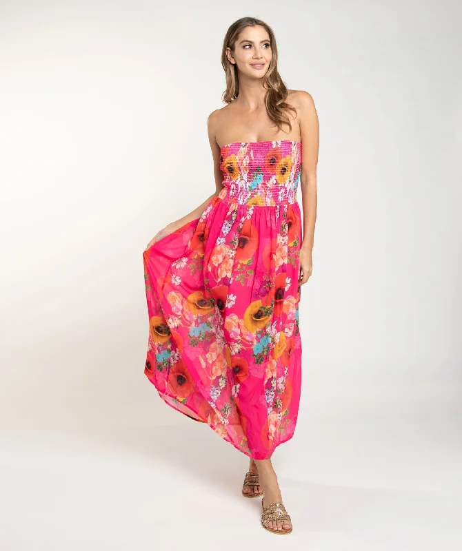 Pink Floral Print Strapless Bandeau Maxi Dress