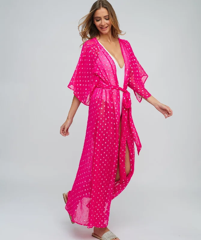 Deep Pink Sparkling Lurex Spot Print Maxi Kimono with Waist Tie