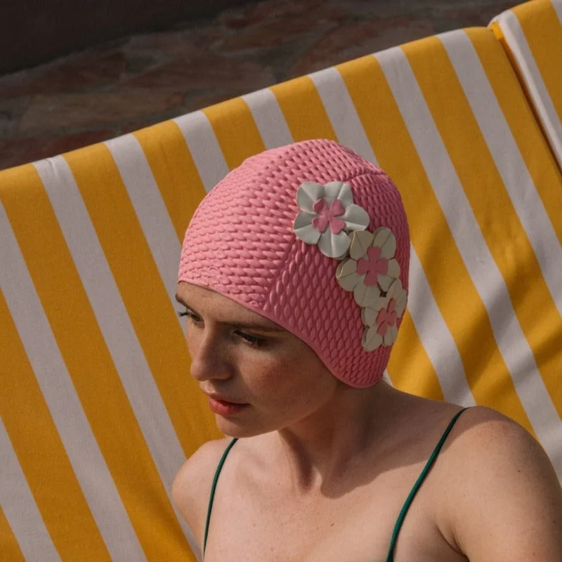 Pink / White Floral Retro Swim Cap - KORES