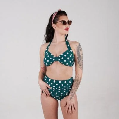 Esther Williams Green Polka Dot High Waist Vintage Style Bikini Bottoms with Tummy Control