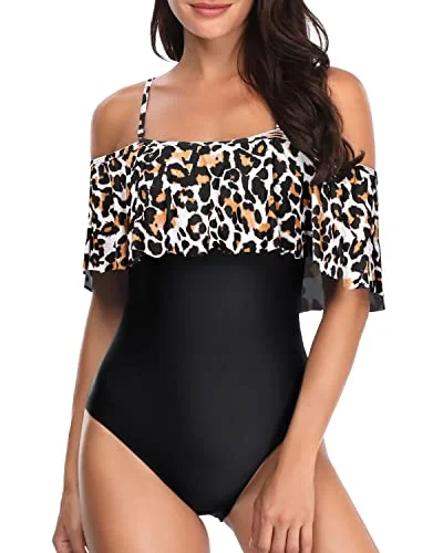 Chic Vintage Flounce One Piece Bathing Suit-Black And Leopard