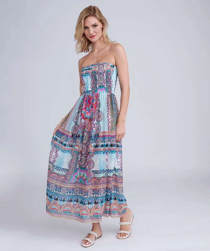 Pale Turquoise Aztec Print Strapless Maxi Dress