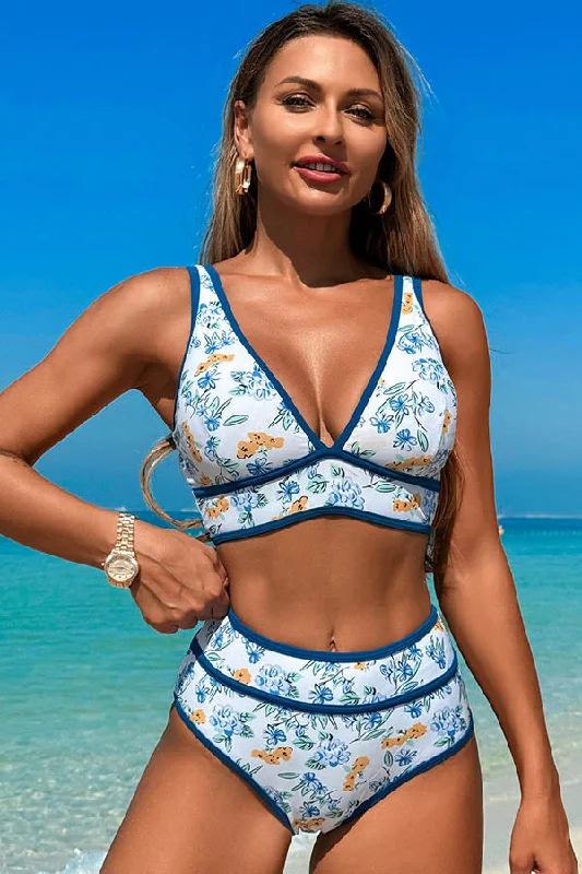 V Neck Wide Straps High Waisted One Piece Swimsuit