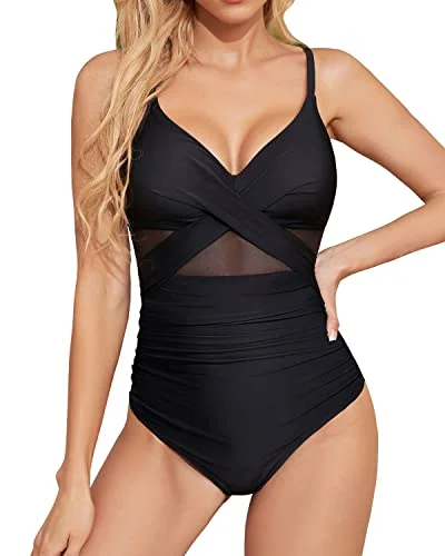 V Neck Cutout Push Up Tummy Control Women's One Piece Swimwear-Black