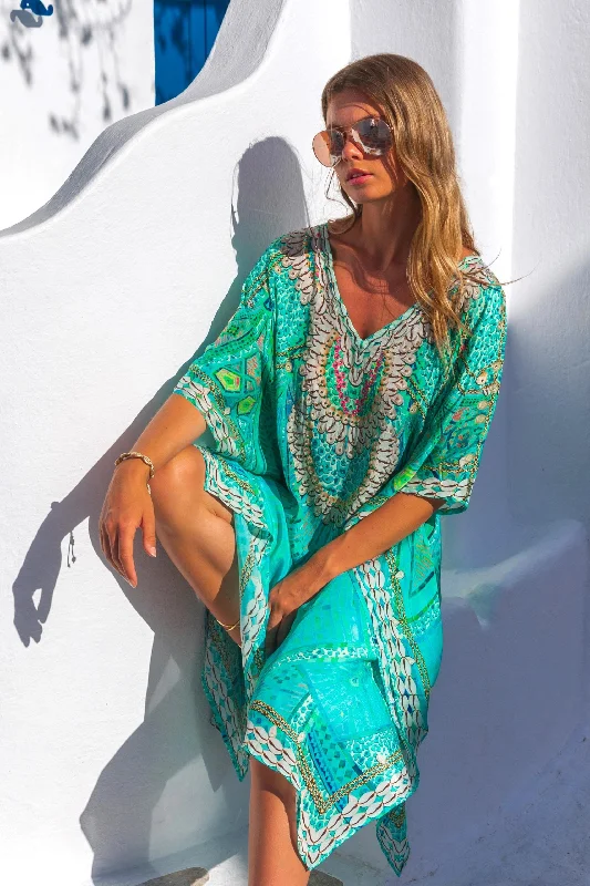 Aqua sparkly silk designer beach cover up