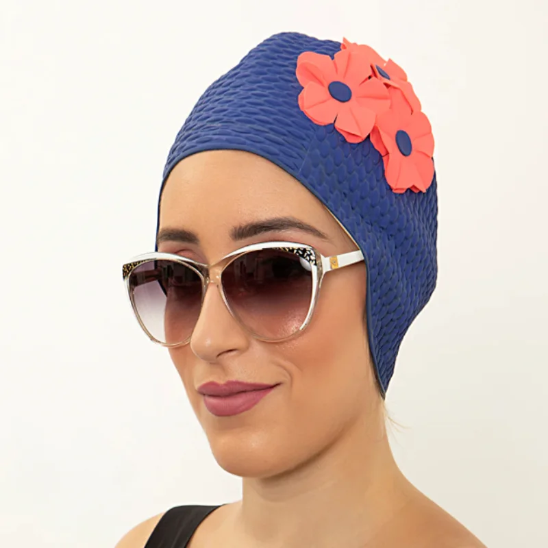 Navy / saffron yellow floral retro swimming cap - KORES