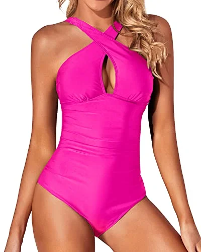 Wide Straps One Piece Tummy Control Bathing Suit-Neon Pink