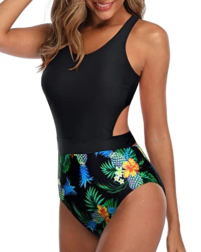 Racerback Zip Closure Tummy Control Women One Piece Swimsuits-Black Pineapple