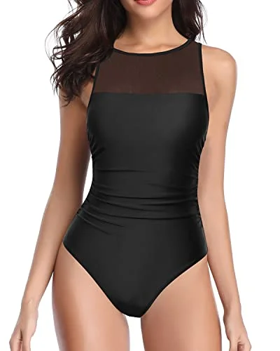 Women High Neck One Piece Swimsuits For Women Mesh Bathing Suits-Black