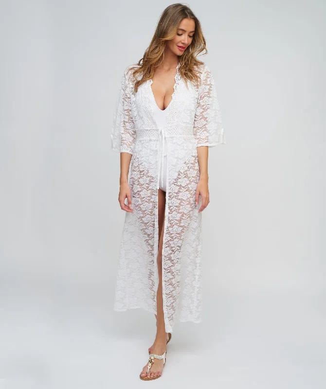 White Lace Kimono with Sheer Floral Lace and Waist Tie