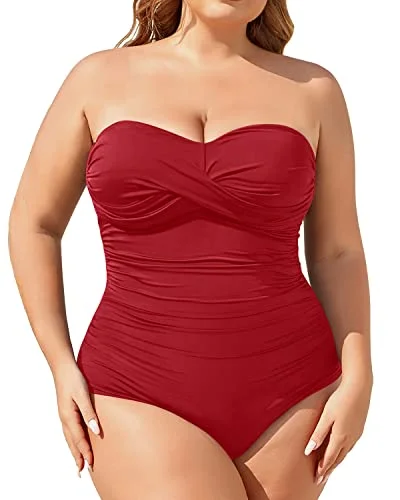 Plus Size Bandeau Slimming Ruched Tummy Control One Piece Swimsuit-Red