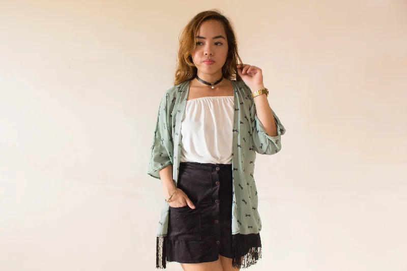 Mint bow fringe kimono