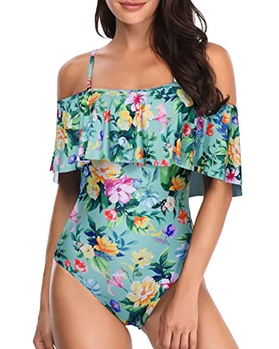 Padded Bra Off Shoulder One Piece Swimsuit-Mint Flowers