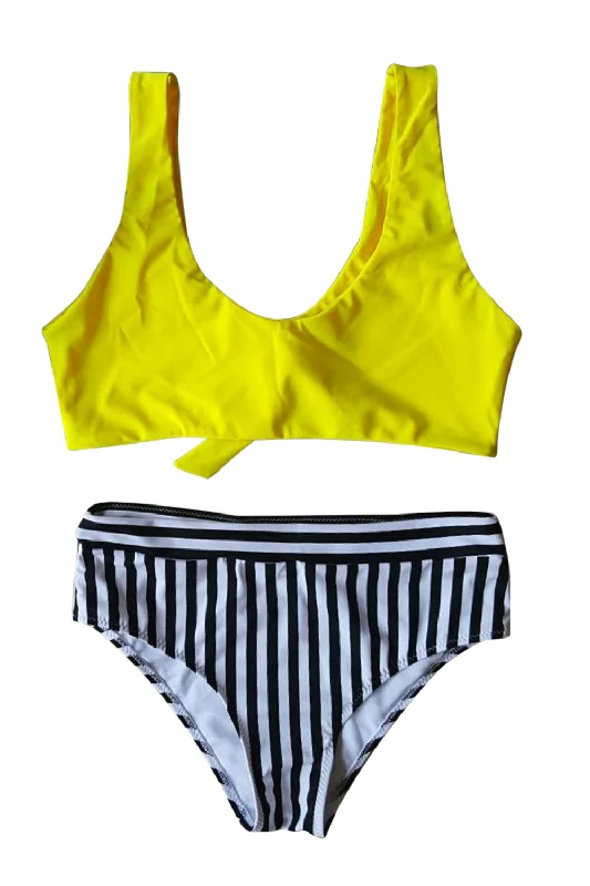 Iyasson Breezy Yellow Bikini Top With Stripe Printing Bottom