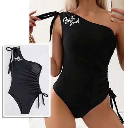 Bride Squad One Shoulder Black Swimsuit