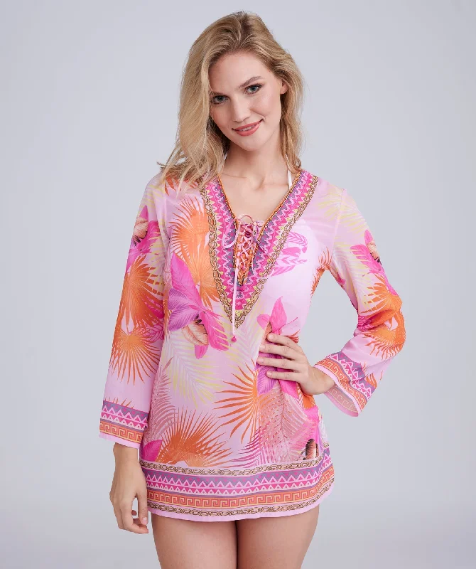 Hot Pink Abstract Print Embellished Tunic Cover-up