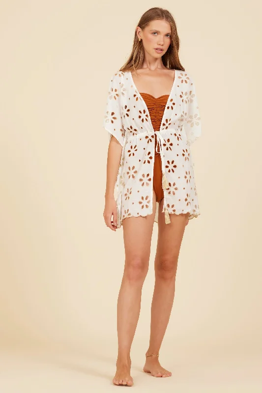 Ivory w/ Tan Floral Eyelet Cover Up