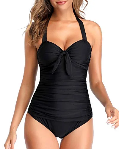 Adjustable Self-Tie Halter Neck Padded One Piece Swim Suit-Black