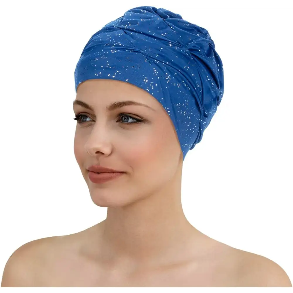 Glamorous Swim Turban Womens' Swim Hat With Velcro Fastener Blue Sparkly 3434