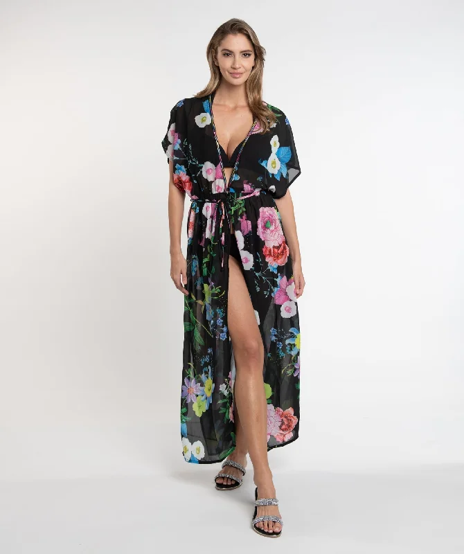 Black/Pink Embellished Maxi Kimono Cover-up