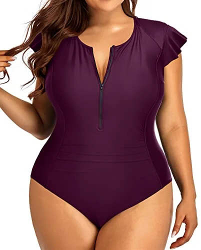 Cap Sleeves Plus Size Tummy Control One Piece Swimsuit For Women-Maroon