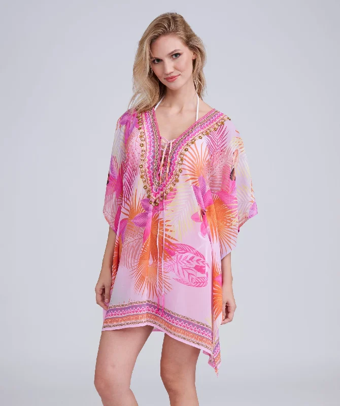 Hot Pink Abstract Print Embellished Kaftan Cover-up