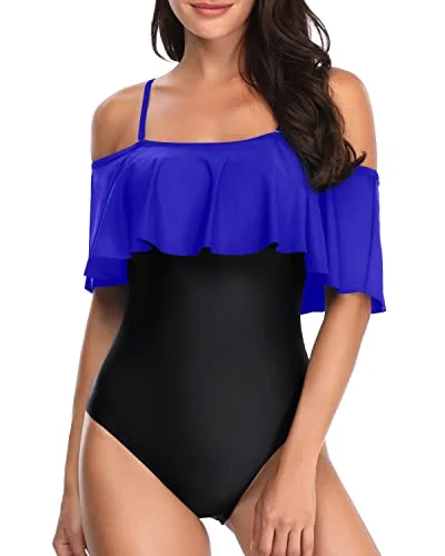 Padded Bras Off Shoulder Vintage One Piece Swimsuits-Royal Blue And Black