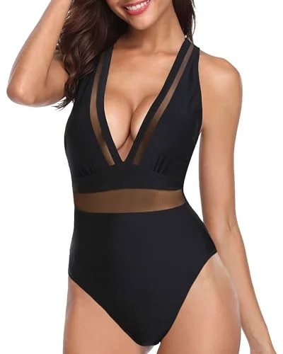 Plunge V-Neck Mesh One Piece Swimsuit