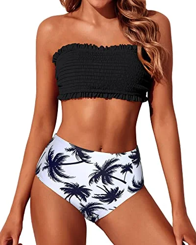 Push Up Off Shoulder Ruffle Bathing Suit Set High Waisted Bottoms-Black Palm Tree