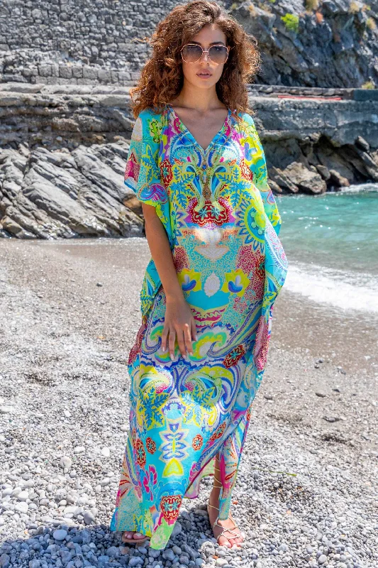 Turquoise Silk Designer Maxi Kaftan