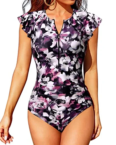 One Piece Zip Front Short Sleeve Rash Guard For Women-Purple Floral