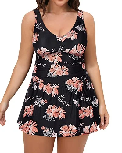 Plus Size One Piece Swim Dress With Tummy Control For Women-Black Orange Floral