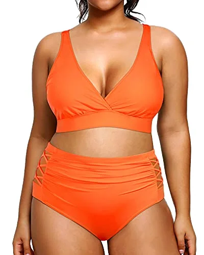 2 Piece Plus Size Bikini High Waisted Swimsuits Ruched Bottoms-Neon Orange