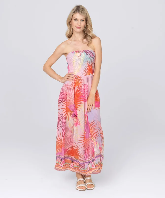 Hot Pink Abstract Print Strapless Maxi Dress