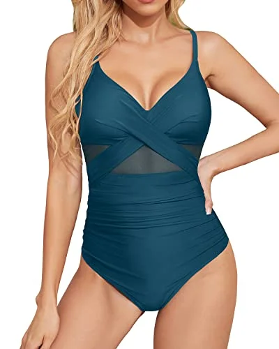 Women's Tummy Control Push Up Cutout V Neck One Piece Swimwear-Teal