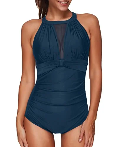 Mesh High Neck Plunge Women's One Piece Swimsuit-Blue