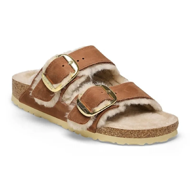 Women's Arizona Big Buckle Shearling Sandals - Narrow In Cognac