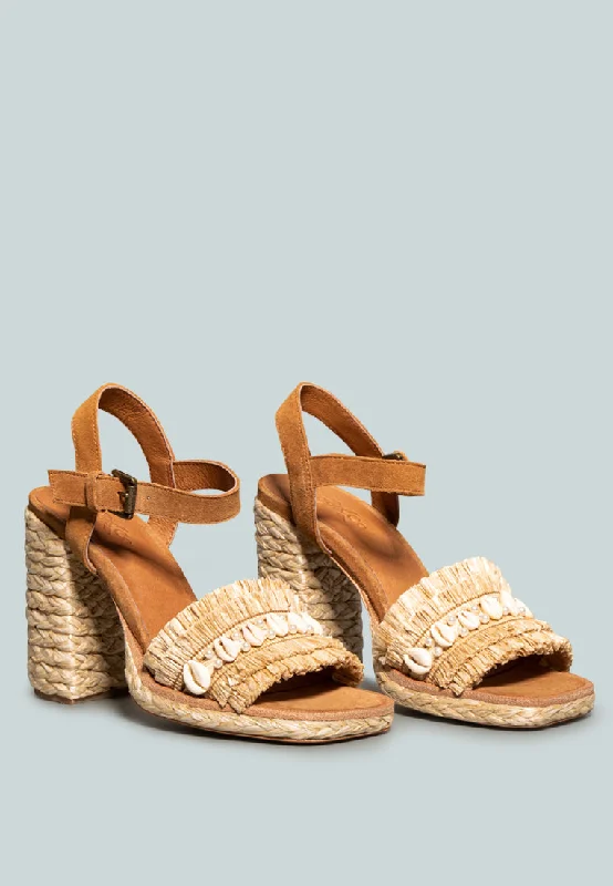 WILLIS Tan Cowrie Raffia Handmade Block Sandal