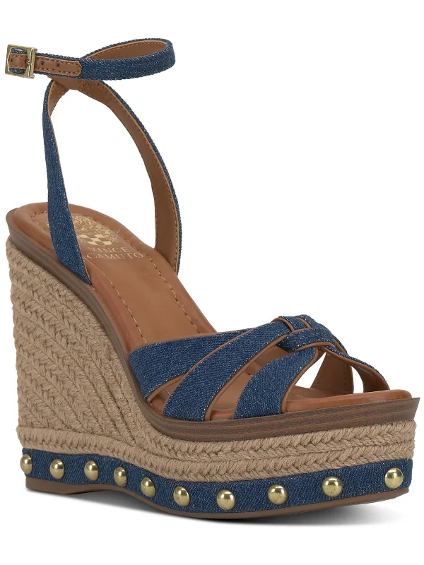 Poula Womens Denim Studded Wedge Sandals