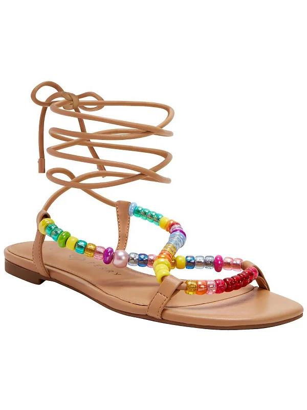 The Halie Bead Womens Beaded Ankle Tie Slide Sandals